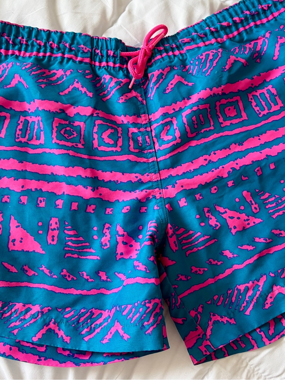 chubbies Teal and Hot Pink Geometric Swim Trunks